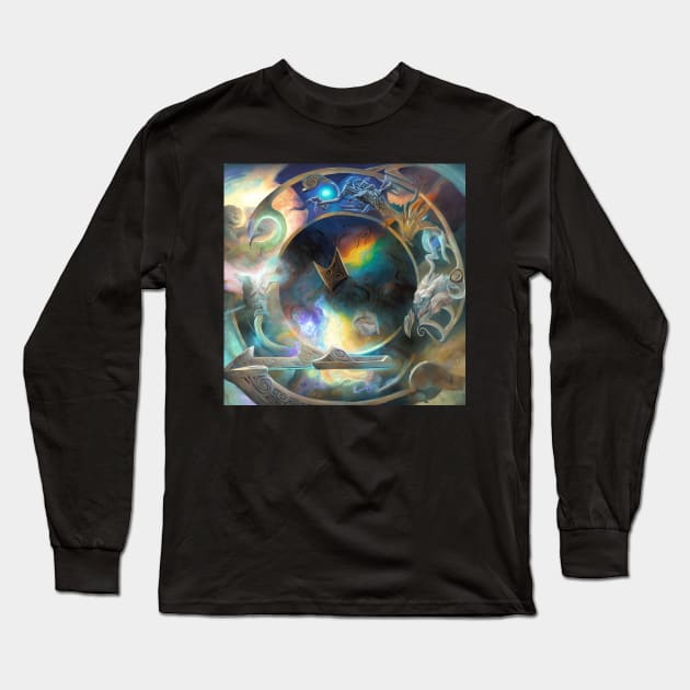 Alien Arcane Aesthic AiArt Rainbow Runes Long Sleeve T-Shirt by Swabcraft